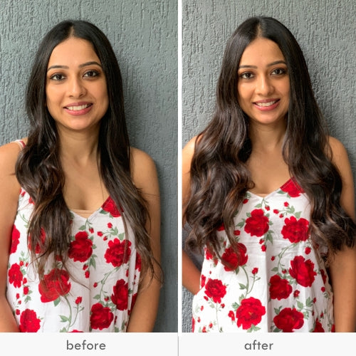 Before and after images of a woman with hair extensions.