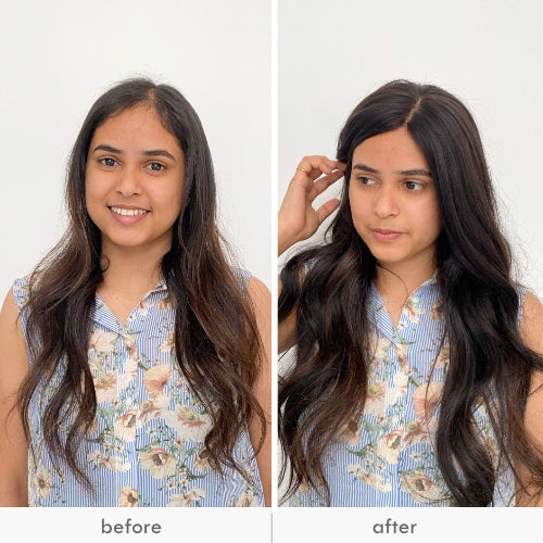 Woman's hair transformation with fuller and voluminous hair, shown before and after