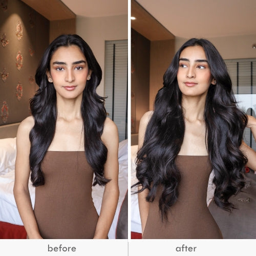 A woman with long, wavy hair transformation, shown in before and after images.