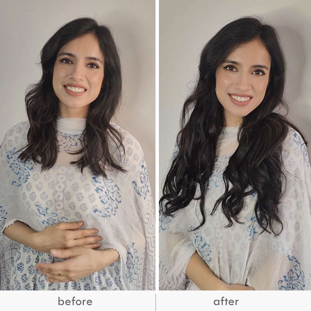 Before and after image of a woman with added hair extensions, showcasing voluminous curls