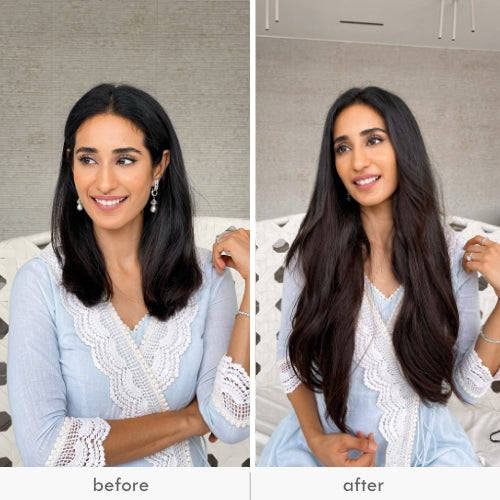 Before and after images of a woman with short hair on the left and long hair on the right, showcasing clip-in hair extensions.