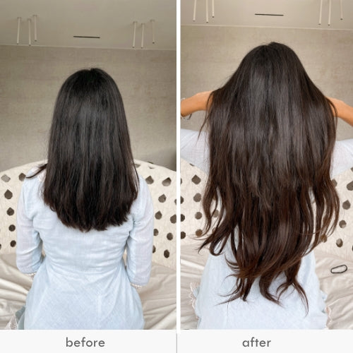 Woman showing hair length before and after using clip-in extensions.