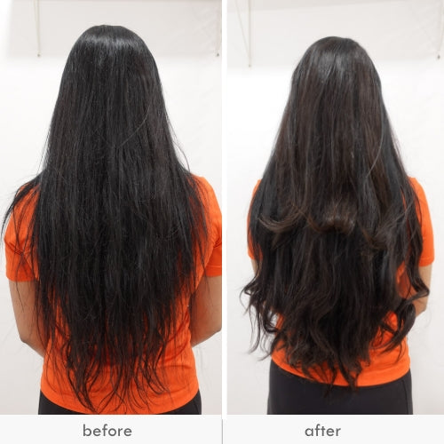 Woman displaying fuller, more voluminous hair from the back view, before and after styling