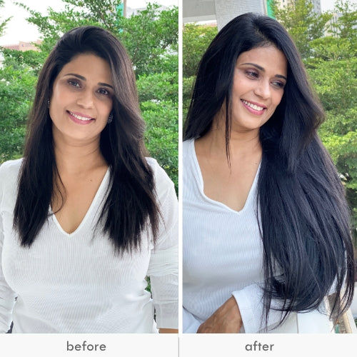 Woman displaying long hair transformation with added length and shine, before and after
