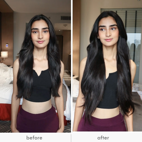 Woman before and after applying hair extensions.