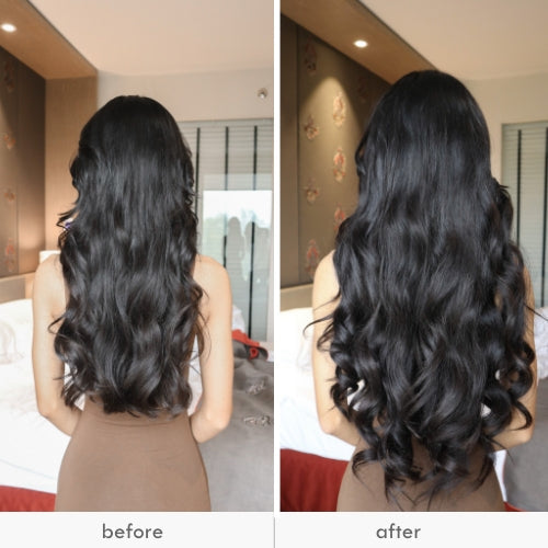 Woman's back view showing enhanced hair volume and waves, before and after styling