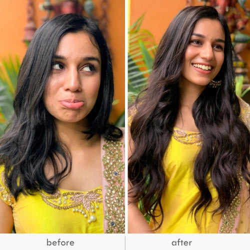 Before and after comparison of a woman with short hair and long wavy hair extensions.