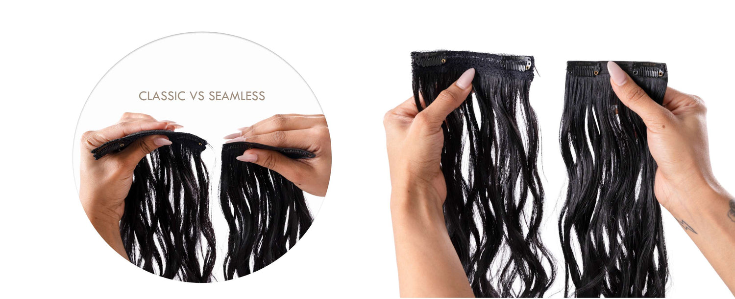 Hands holding classic and seamless hair extensions. Text reads "Classic vs Seamless."
