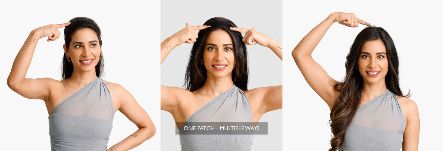 Three women demonstrating hair patches, pointing to their hairlines. Text reads: "ONE PATCH – MULTIPLE WAYS".
