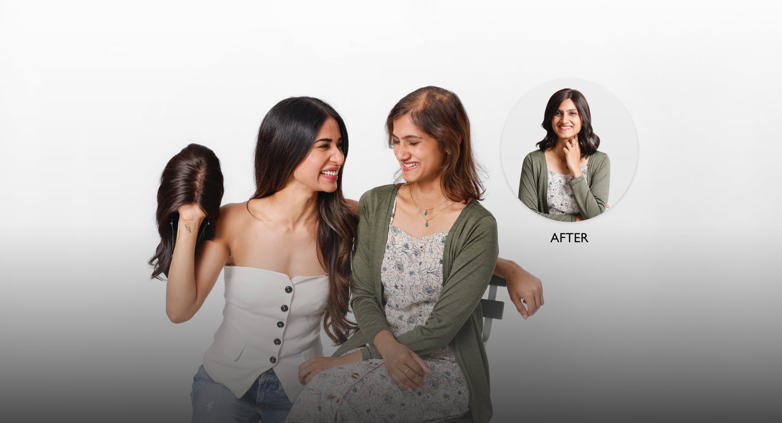 Two women smiling, one holding a wig. An inset shows a before and after transformation.