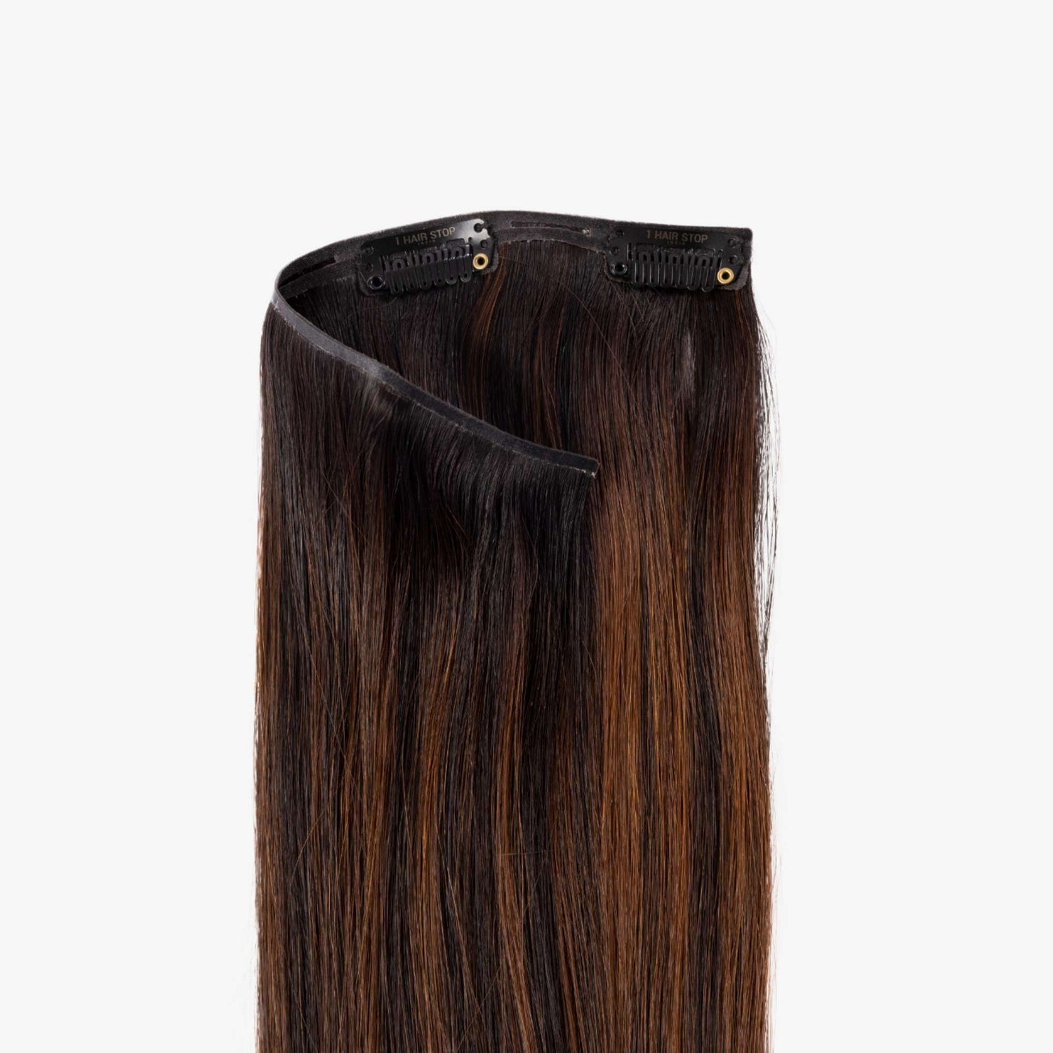 Seamless balayage clip-in hair extensions with a mix of dark and light brown shades.