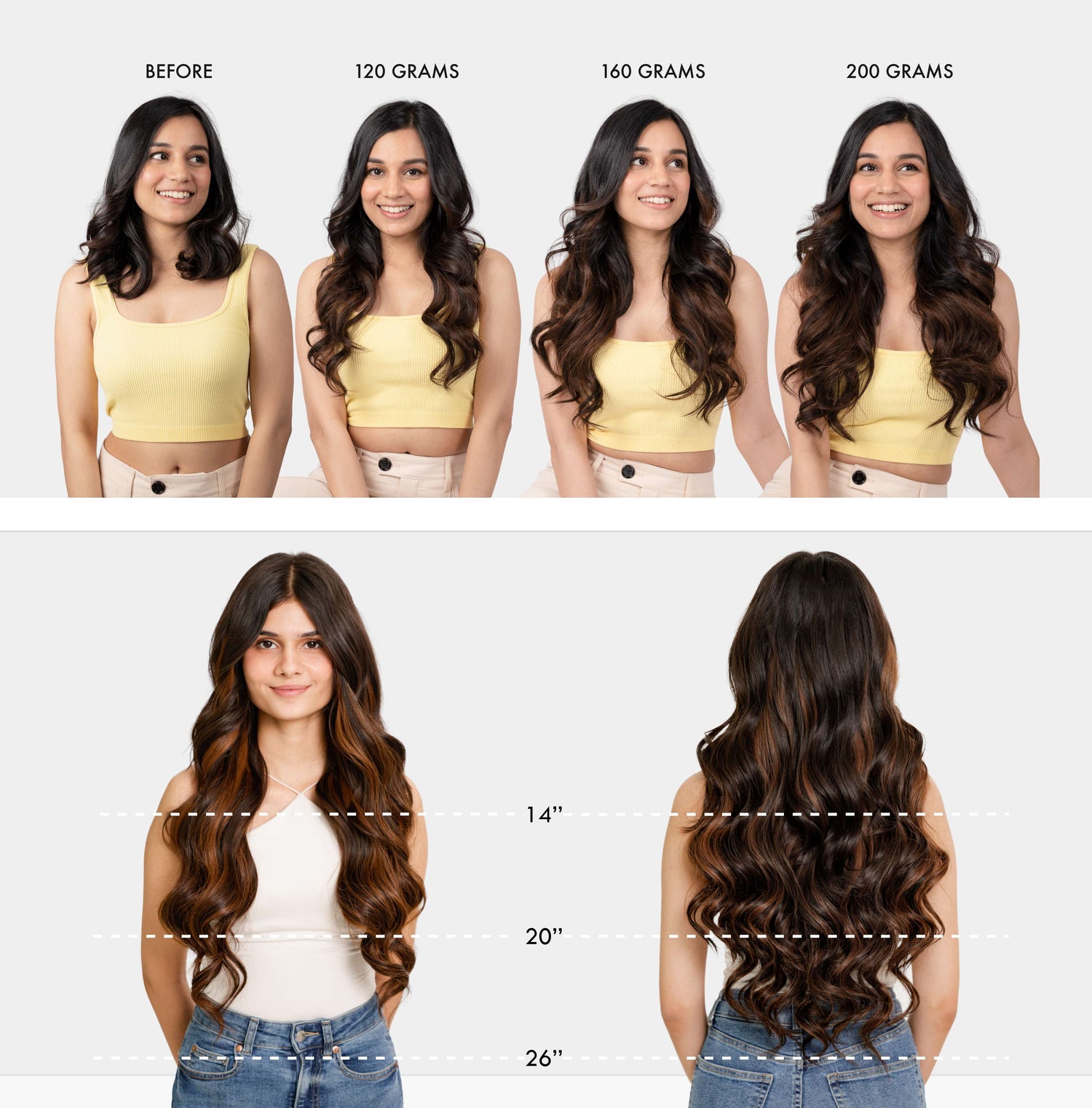 A woman with varying hair extensions showing different volumes and lengths.