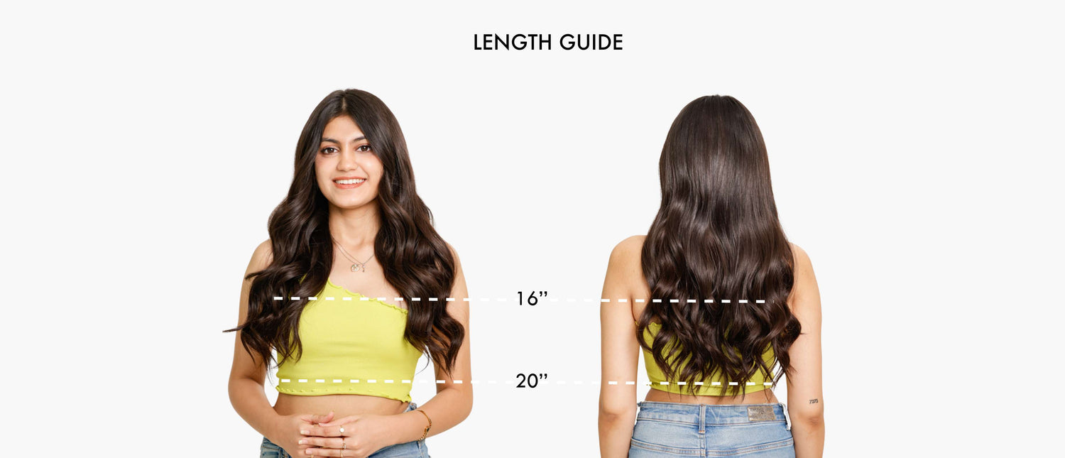 Front and back view of a woman with long, wavy hair, showing hair length guide at 16 and 20 inches.
