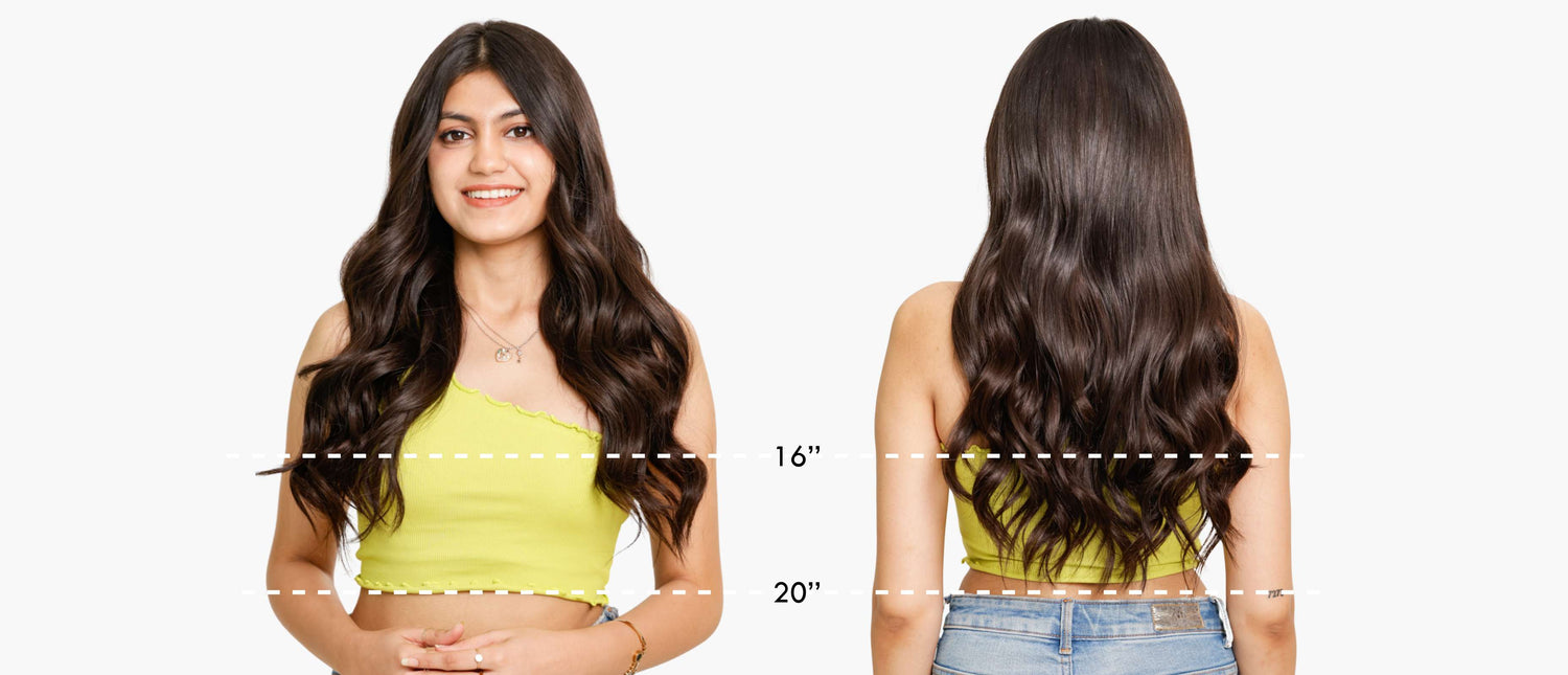 A woman with long, wavy hair showing the length guide for hair volumizers, with 16-inch and 20-inch markers.