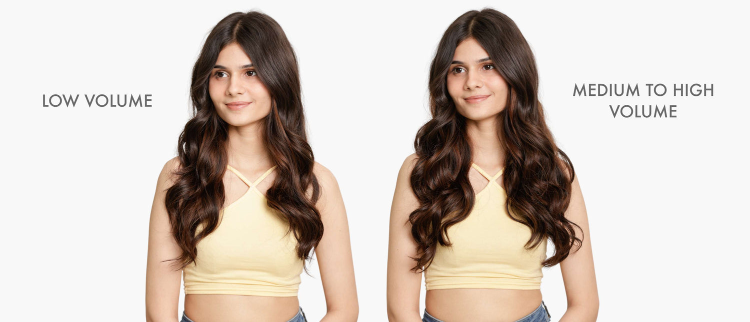 Two women with long wavy hair, one labeled "Low Volume" and the other "Medium to High Volume".