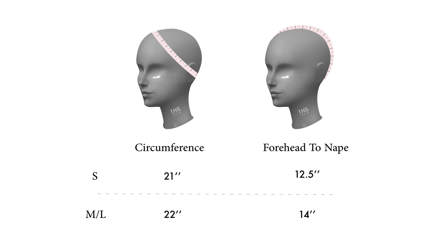 Two mannequin heads with measurement tapes showing wig cap sizes: Small (21" circumference, 12.5" forehead to nape) and Medium/Large (22" circumference, 14" forehead to nape).
