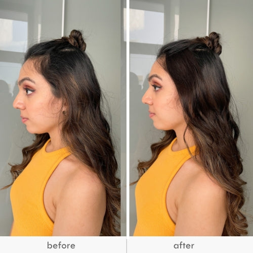 Side profile of a woman showing before and after hair transformation.