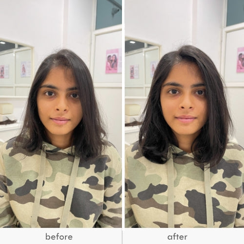 A woman before and after using an invisible push-up hair patch.