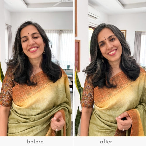 Before and after images of a smiling woman with long, dark hair, showing the effect of an invisible push-up hair patch.