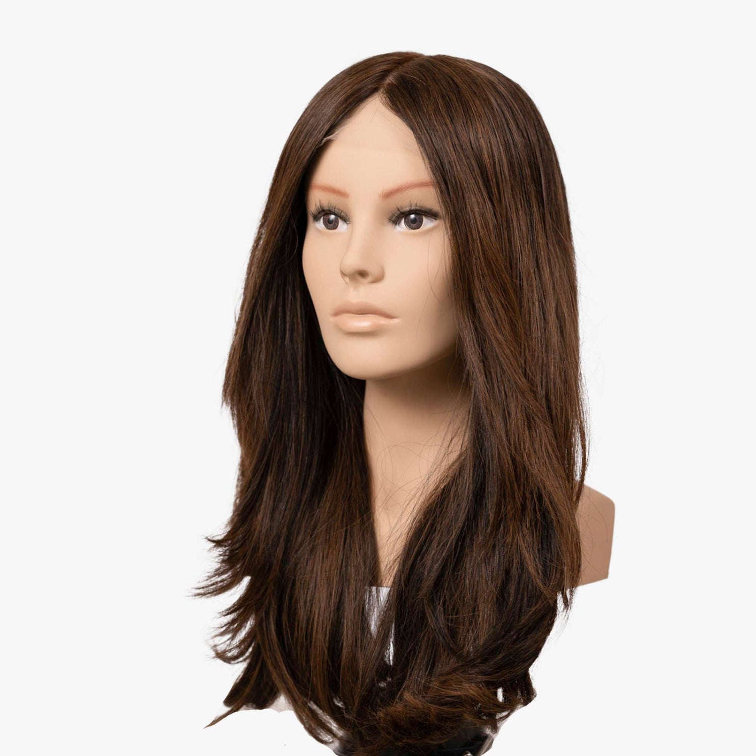 Alt text: Female mannequin with long, straight brown wig.