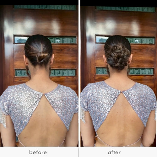 Two images showing a woman's back before and after using a messy bun scrunchie.