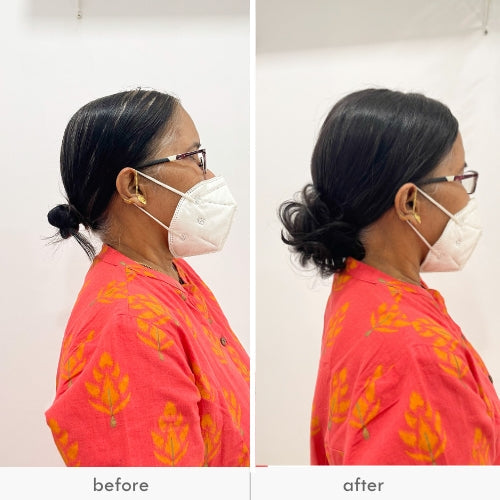 Before and after images of a woman wearing a messy bun scrunchie.
