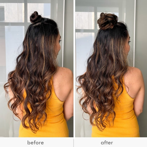 Before and after images of a woman with long, wavy hair styled in a messy bun scrunchie.