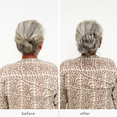 Woman with gray hair showing a neater and more defined bun, before and after styling