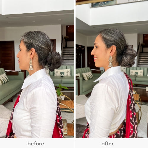 Before and after image of a woman with gray hair styled in a messy bun, wearing earrings and a white top.