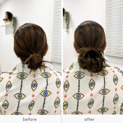 Before and after images of a woman with a messy bun scrunchie.