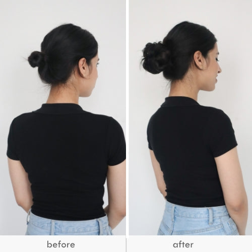 A woman with a messy bun scrunchie, shown in a before and after comparison.