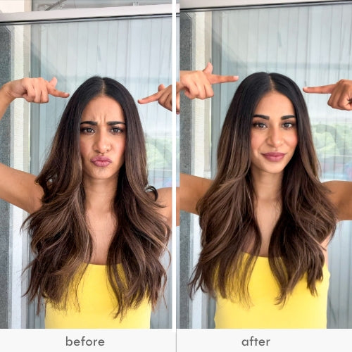 Before and after images of a woman pointing at her hair, showcasing a push-up hair patch.