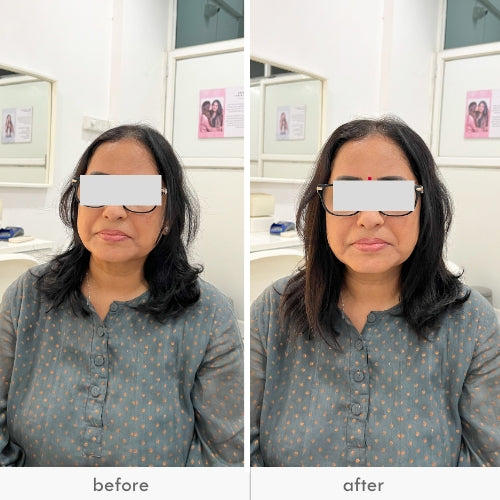 Before and after image of a woman with a haircut transformation