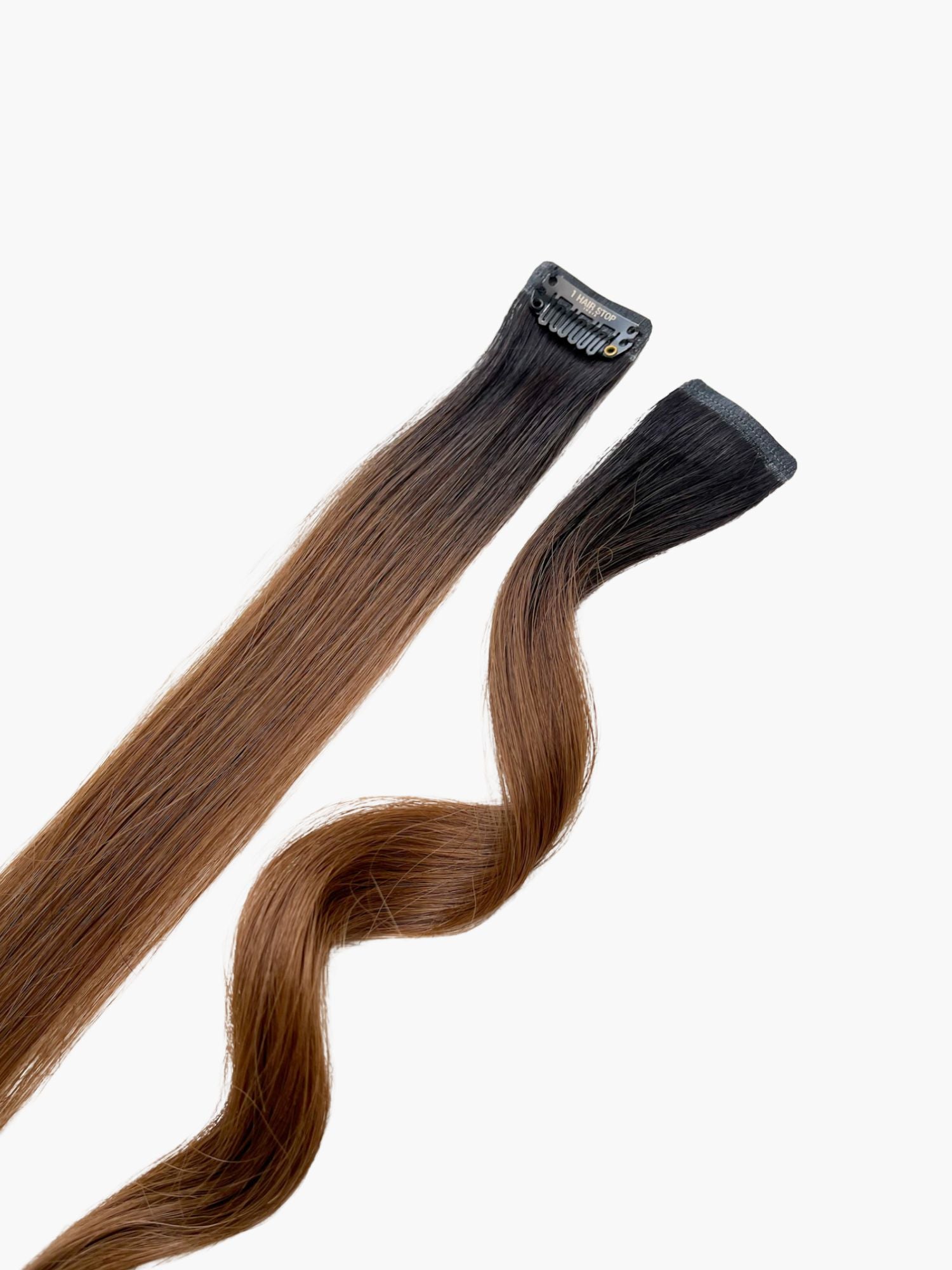 Two hair extensions, one straight and one wavy, against a plain background.
