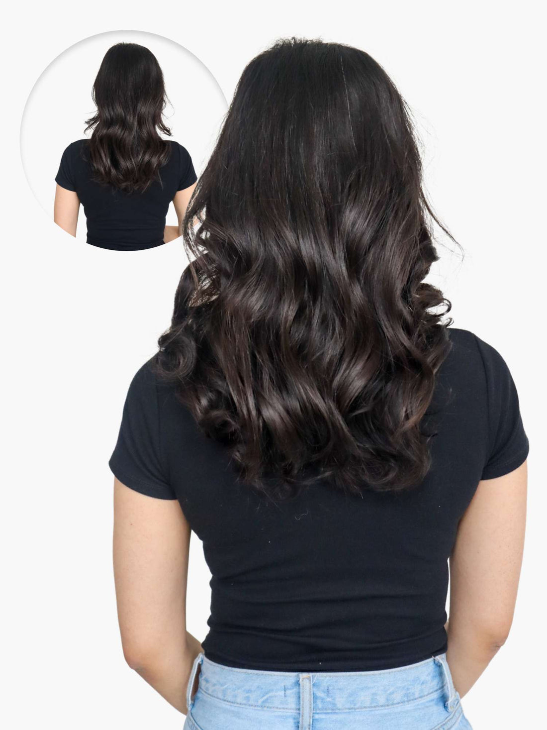 A woman with long, wavy hair is shown from the back.