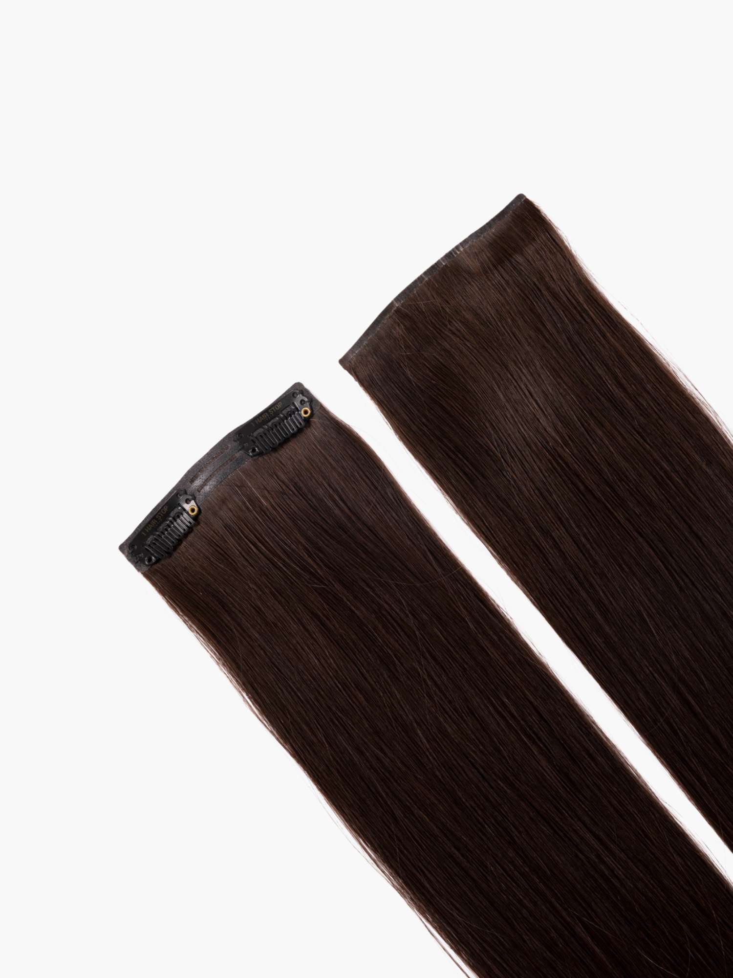 Two dark brown hair extensions.