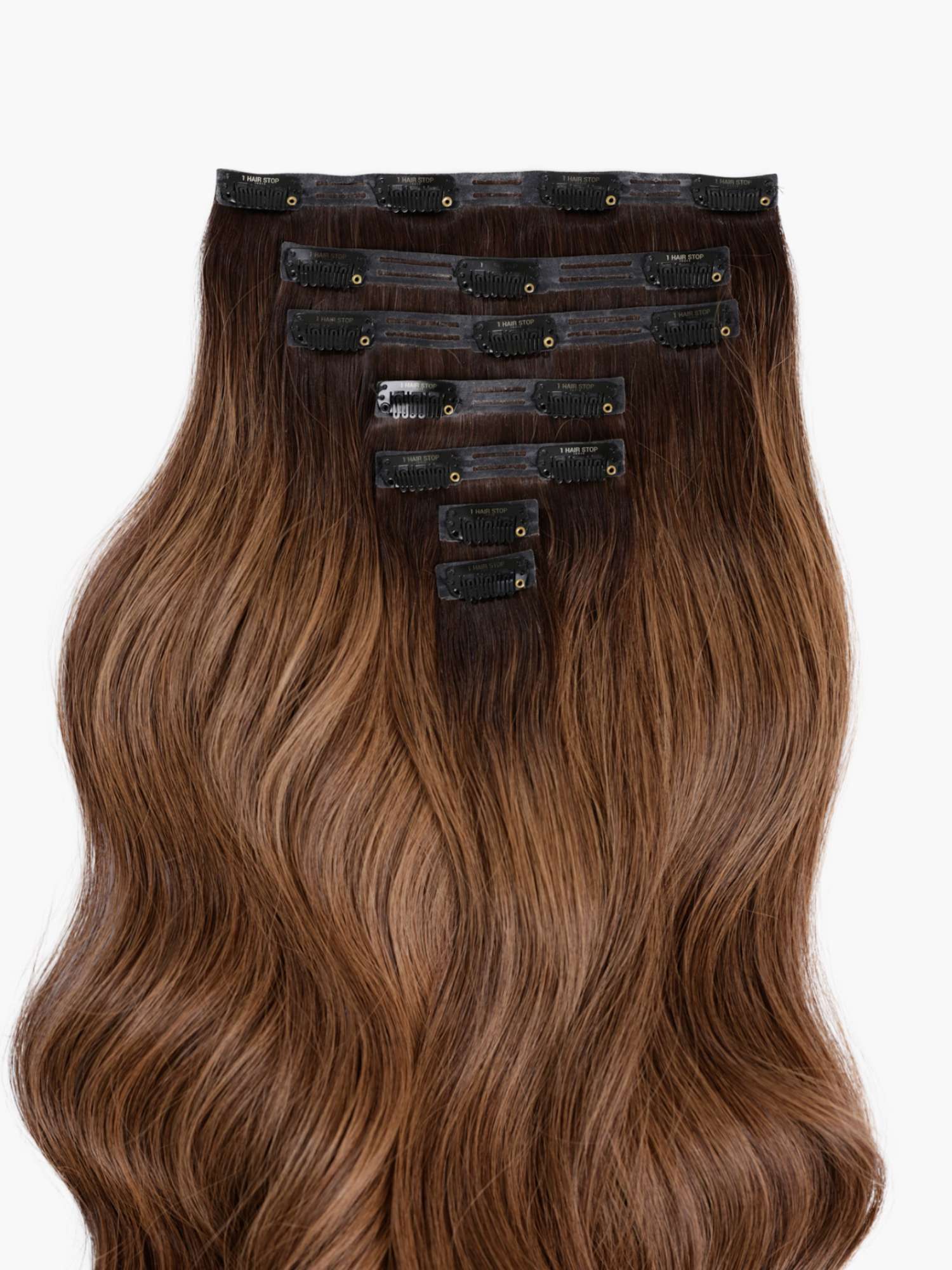 Chestnut brown clip-in hair extensions.